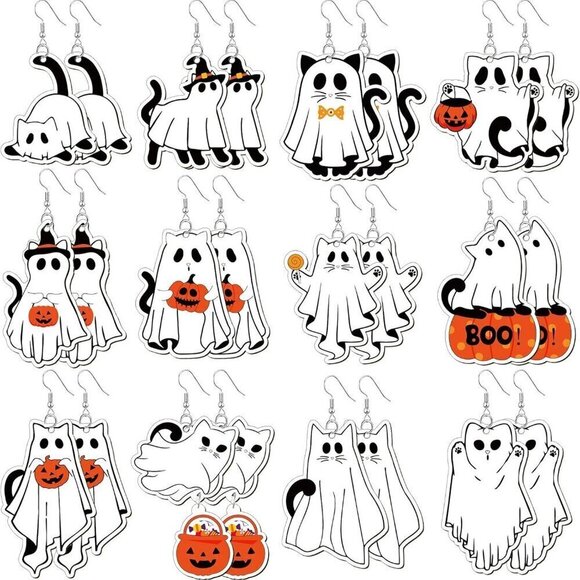 Jewelry - Halloween Earrings Women Ghost Cat Wooden Dangle Jewelry Gift Set 12 Pairs